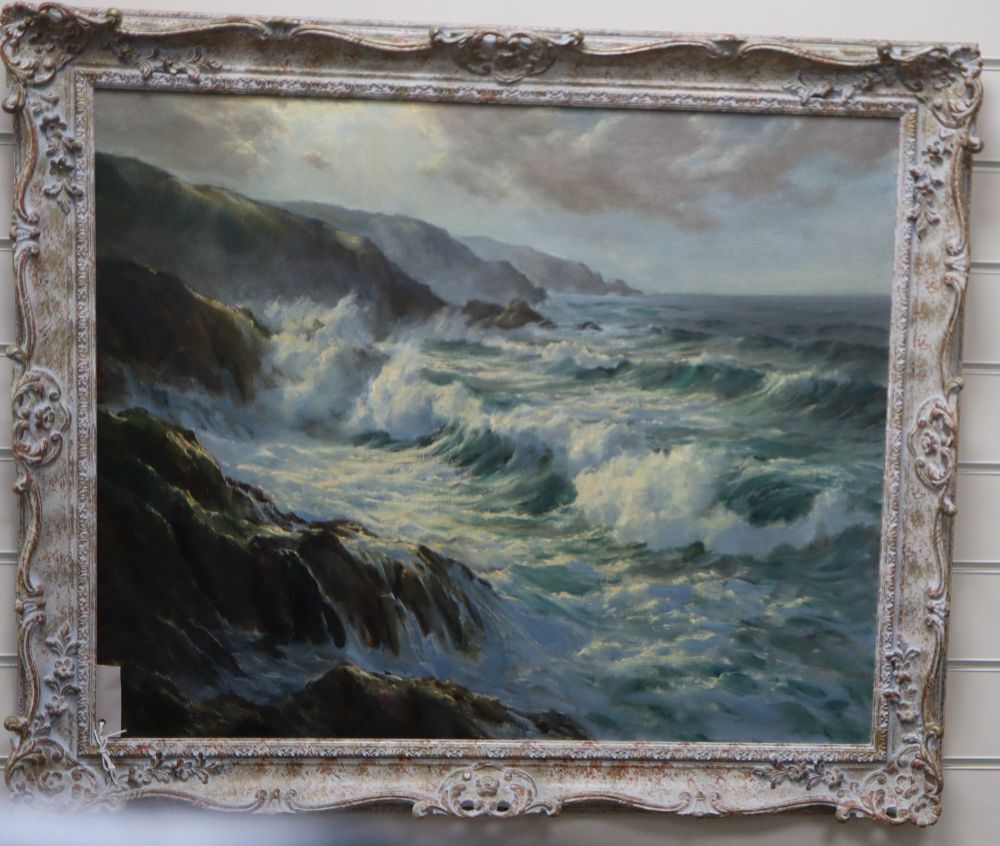 William F. Piper (fl.1950-67), oil on canvas, Waves breaking against the shore, signed, 62 x 75cm and a colour print after F.J. Aldridg
